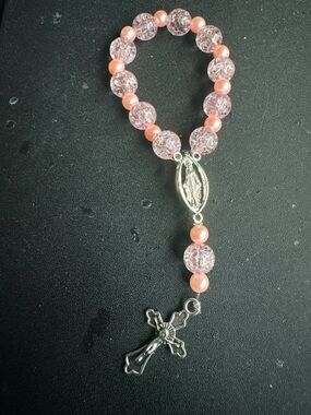 Handmade Pink Rosary Bracelet – Prayer Beads with Cross